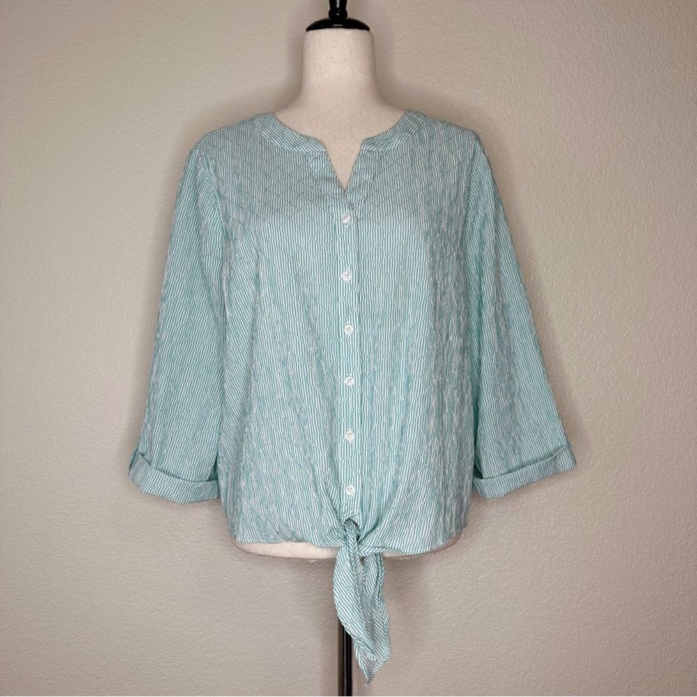 Chico’s Green Striped Diamond Textured Tie Front Shirt